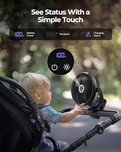 Image of xasla 10000mAh Portable Clip On Fan With Light, 8 Inch Rechargeable Battery Operated Fan, 24H Long-last, Quiet Personal Camping Fan Digital Display, 3 Speed, 360 Rotate, for Gym Outdoor Travel