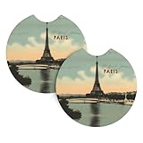 BROLEO Le lot de 2 dessous de verre de voiture imprimé carte postale vintage Paris est fabriqué à partir de caoutchouc chloroprène durable, conçu pour résister à des températures extrêmes, assurant que vos porte-gobelets sont protégés toute l'année, ce qui en fait un accessoire de voiture indispensable pour les femmes et les hommes.