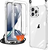 iPhone 15 Pro 用 ケース クリア iPhone15Pro 用 カバー [1枚ガラスフィルム付き] ショルダー ネック ストラップ付き 耐衝撃 全面保護 アイフォン15 Pro 用 スマホケース 縄掛けケース 薄型 軽量 シリコン TPU 紐付き 斜めがけ 取り外し可能 落下防止 紛失防止（透明）