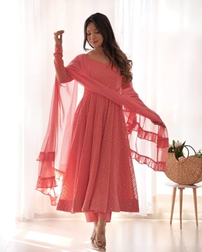Image of Women's Heavy Faux Georgette Embroidery Work Anarkali and Set Beautiful Dupatta Traditional for Women Any Occasion Lehenga choli