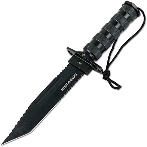 Miniatura 3 de Hunt-Down Cuchillo de hoja fija de acero inoxidable de supervivencia de color negro de 12 pulgadas, kit de supervivencia y brújula