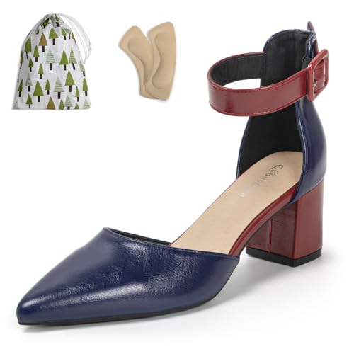 Women's Cute Two Tone Ankle Strap Buckle Heels Short Thick Block D'Orsay Pumps Ladies Comfortable Dressy Closed Pointy Toe Leather Shoes for Wedding Prom Party