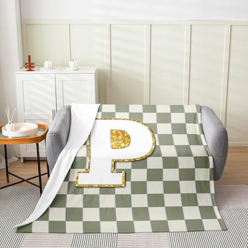 Image of Erosebridal Sage Green Checkered Fuzzy Plush Throw Plaid Initial P Fleece Blanket Personalized Monogram Flannel Blanket for Kids Boys Girls,Fashion Grids Gingham Decor for Bed Couch 40 inchx50 inch
