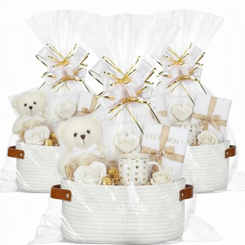Image of Colingmill 3 Pack Easter Small Woven Basket for Gifts with Handles Clear Bags and Ribbons Empty Storage Basket Decorative Chest Box for Easter Wedding Present(White,12 inchx 8 inchx 5 inch)