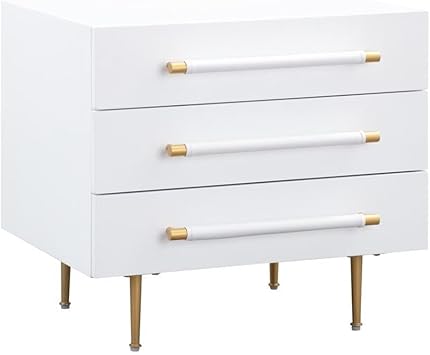 MAKLAINE 22" H Modern Nightstand, Acacia Wood and MDF Construction, White/Gold Finish, Soft-Close Drawers, Vegan-Leather Handles, Brass Accents, Stylish Bedroom Storage Furniture