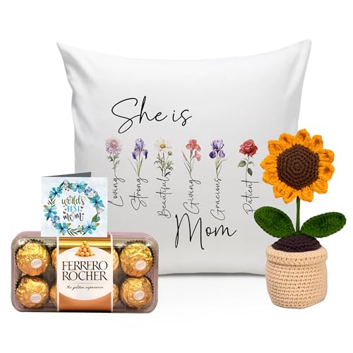 Image of TIED RIBBONS Gift for Mom, Birthday Gift for Mom Gift Set Women Wife Mother in Law Mummy | Artificial Flower with Pot | Printed Cushion with Filler (12 X 12 Inch) | Chocolate Gifts Pack | Card