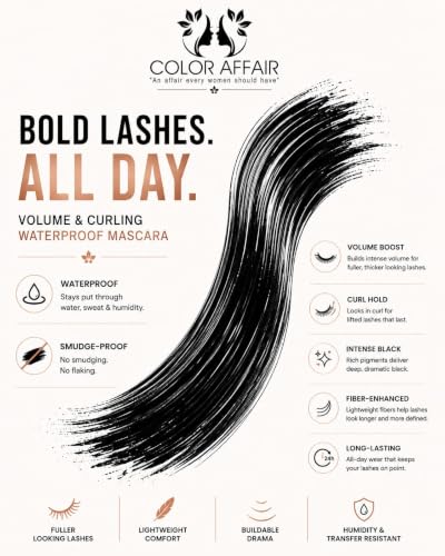 Image of COLOR AFFAIR Volumizing Mascara for Women | Long Lasting Lash Mascara with Precision Brush | Smudge Resistant Everyday Eye Makeup | Black Mascara