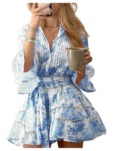SOLY HUX Womens Floral Ruffle Mini Dress V Neck 3/4 Sleeve Flowy Boho Vacation Dresses Blue Floral Small