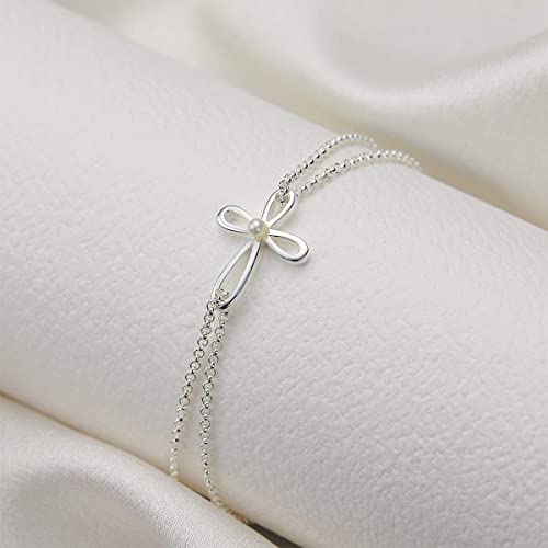 Molly B London Freshwater Pearl & 925 Sterling Silver Cross Bracelet. Adjustable Jewelry Chain Bracelets For Girls. Perfect First Communion Gifts, Baptism Gifts, Birthday Gift, Sweet 16 - Image 4