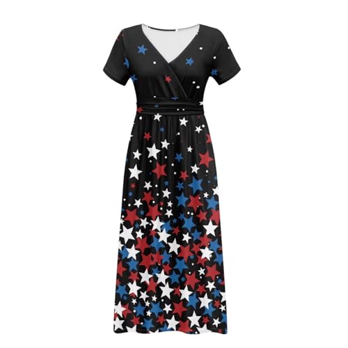 Image of Women's Fall Summer Short Sleeve Ankle Length V-Neck Party Dress with Pockets Size S-3XL