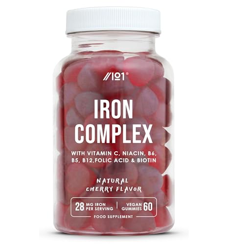 Iron 28mg Gummies with Vitamin C, Niacin, Vitamin B6, B5, B12, Folic Acid & Biotin – 60 Vegan Gummies – Tapioca Base – Cherry Flavour – by Alpha01