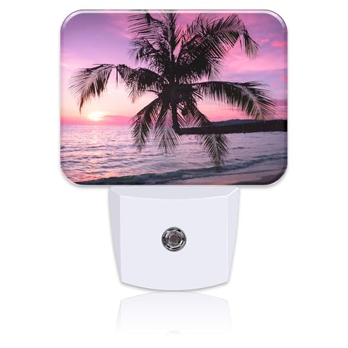 Image of Beautiful Purple Pink Sunset Night Light Tropical Palm Tree Nightlight Plug into Wall with Dusk to Dawn Sensor for Kid Girls Boys Women Men Room, Hallway, Kitchen, Bathroom, Stairs Decor