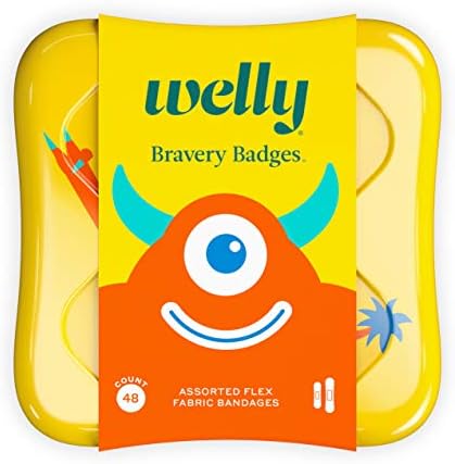Welly Bandages | Adhesive Flexible Fabric Bravery Badges | Assorted Shapes for Minor Cuts, Scrapes, and Wounds | Colorful and Fun First Aid Tin | Monster Patterns - 48 Count