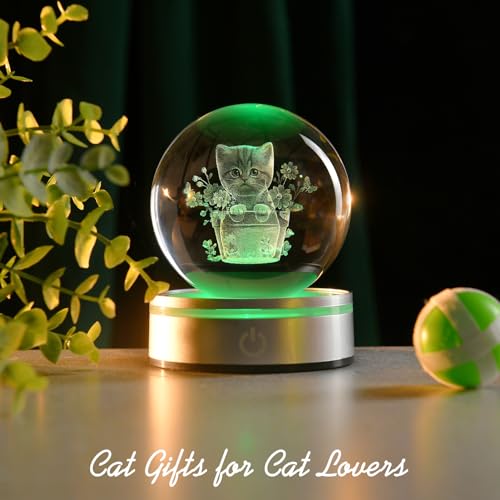 Image of IFOLAINA 3D Cat Crystal Ball 3D Flower Pot Cat Figurines Night Light Cat Lover Gifts for Women Home Decor Cat Collectibles Snow Globes Gift for Girl Cat Lamp for Bedroom Unique Cat Gifts for Her