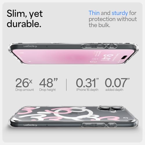 Image of Spigen Ultra Hybrid MagFit Back Cover Case for iPhone 16, MagSafe Compatible, Air Cushion Technology - PC+TPU | Hearts White Pink