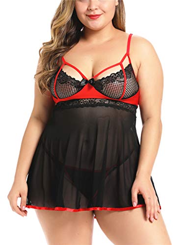 AdoreShe Plus Size Lingerie for Women Exposed Lace Trim Babydoll Chemise Nightie Sleepwear(Q001-Black-3XL)