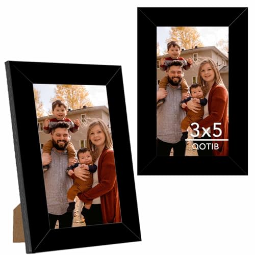 QOTIB 2 Packs 3x5 Picture Frame Black Engineered Wood 3 x 5 Photo Frame 3 by 5 Photo Poster Frame for Wall Hanging and Tabletop Set of 2 Black