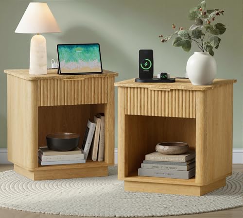 Image of Nightstands Set of 2, Fluted Nightstands with Drawer Faux Marble Top & Curved Edge, Modern Night Stands with Charging Station, End Tables Living Room, Bedside Table, Bedroom Furniture, Oak