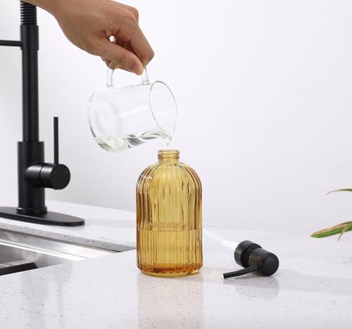 Image of 16 OZ Amber Glass Soap Dispenser, Amber Stripe Bathroom Hand Soap Dispensers with Stainless Steel Matte Black Pump,Brown Glass Kitchen Hand Soap Dispenser with Matte Black Pump