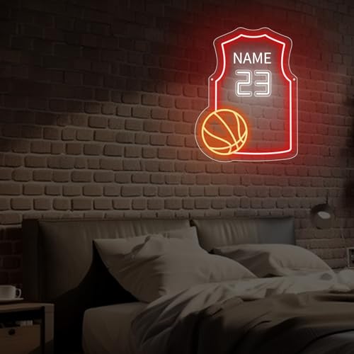 Image of Custom Basketball Jersey Neon Signs Basketball Neon Sign with Custom Name and Number Personalized Sports Neon Light for Bedroom Sports Light Up Sign for Wall Led Signs for Basketball Lover Gifts