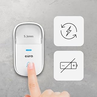 Campanello senza fili "EURA" WDP-52A3 - cinetico, senza batteria, ampliabile, 230 V CA, 38 melodie, portata fino a 200 m, IP55, portanome - bianco