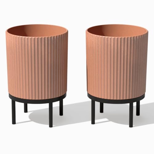 Image of Veradek Demi Series Raised Planter - Round Planter with Stand | Made From a Durable Plastic-Stone Composite & Comes With Wooden Stand. Modern Porch /Patio Decor