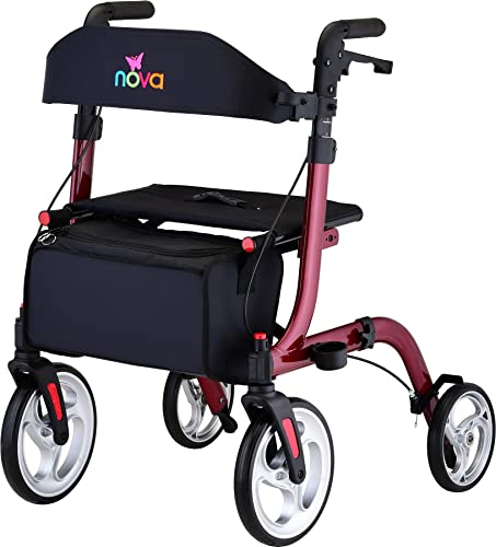 NOVA Medical Products Express Rollator Walker Large 10 & 8 Wheels Compact Foldable & Free Standing Easy to Fold Lift & Carry Comes with Cane Holder Red