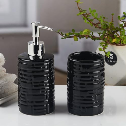Image of Kookee Ceramic Bathroom Set - Stylish 2 Piece Bath Accessories Kit with Soap Dispenser, Toothbrush Holder - Modern & Designer Decor for Home & Guest Bathrooms, Black (11115)