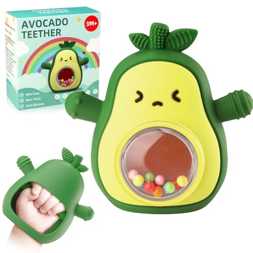Image of Baby Teether & Rattle Toys Avocado Teething Mitten for Sucking Needs -Anti Dropping Wrist Hand, Silicone Teethers Baby Chew Toys for Babies Over 3 Months, BPA Free