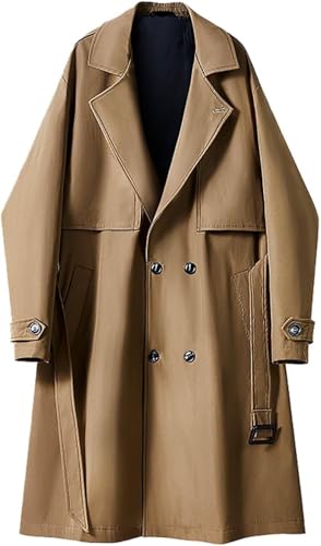 Goolecrimp Moda para hombres Chaqueta clásica de doble botonadura de longitud media holgada a prueba de viento Oficina de negocios Gabardina profesional de longitud larga con cinturón (Café,X l)