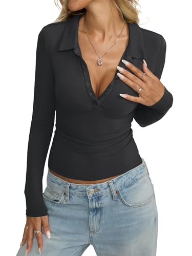Womens Cotton Polo Collared Shirt Long Sleeve Sexy Deep V Neck Top Button Up Slim Fitted Tee Business Casual Outfit4