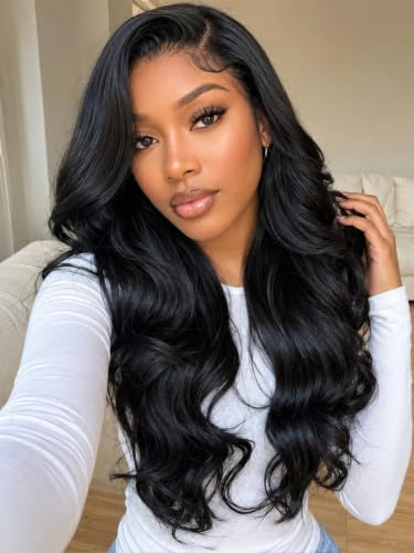 Image of KLAIYI Loose Body Wave Pre Everything Glueless 13x4Lace Front Wigs Human Hair Layered Face Framing Side Bang Drawstring Pre Plucked Bleached Bye Bye Knots 3S Ready to Wear and Go Wig for Women 18Inch