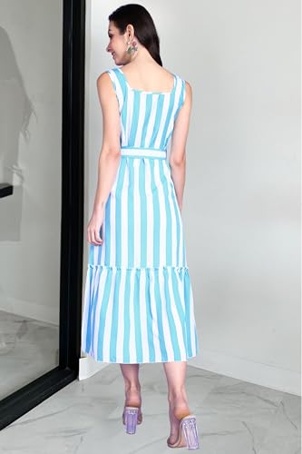 Image of POPWINGS Women Casual Blue & White Stripe Long Belt Dress Dress | Stylish Dress | Trendy Dress
