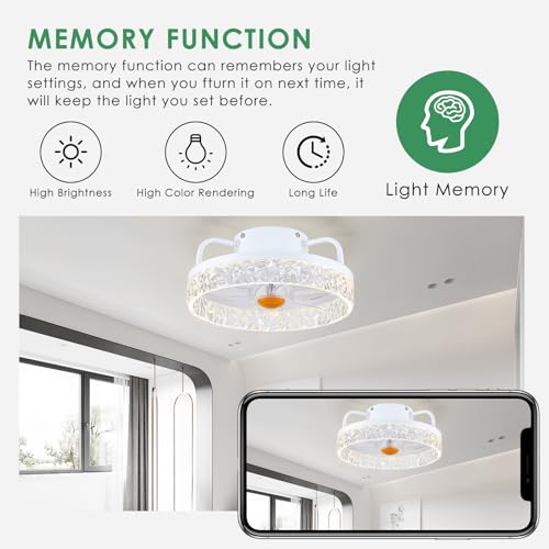 Image of White Ceiling Fans with Lights and Remote - Low Profile Flush Mount Ceiling Fans - 13 inch Modern Bladeless Enclosed Ceiling Fans with Led Light and Stepless Dimming, White Small Ceiling Fan for Bedroom