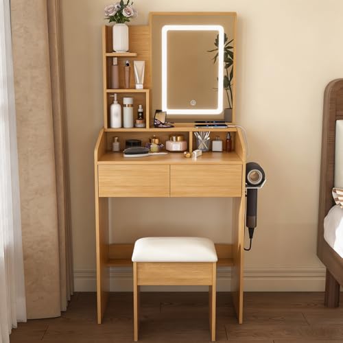 Wood Vanity Desk with Mirror and Lights - Small Makeup Vanity Desk with Chair, Compact Vanity Dressing Table with Drawers & Power Outlet & Open Shelves, 3 Lighting Adjustable Modes, Hairdryer Rack