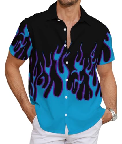 METRONS Mens Short Sleeve Flame Button-Down Hawaiian Shirt Blue Flame 2 2XL
