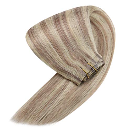 16inch 120g Double Weft Hair Extensions Clip in Blonde Straight Hair Extensions Clip on Ash Blonde Highlight
