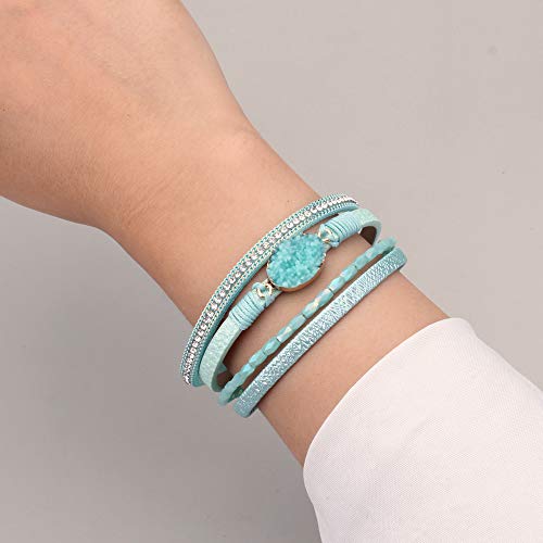 Fancy Shiny Leather Wrap Bracelet Boho Cuff Bracelets Crystal Bead Bracelet With Clasp Jewelry Gifts For Women Teen Girls(7.7", Teal) #TOP1