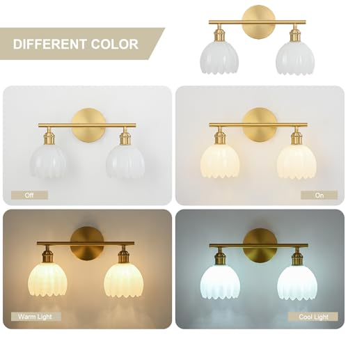 Image of Gold Bathroom Light Fixtures Over Mirror, 2 Light Bathroom Vanity Light with Tulip Milk White Glass Lampshade, Vintage Vanity Lights for Bathroom, Bathroom Vanity Lights Over Mirror