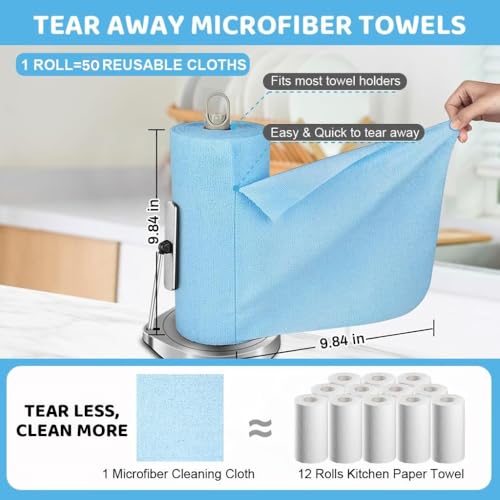 Image of DOCAT Microfiber Cleaning Cloth Roll 25x25 cm, Reusable and Washable Tear-Away Kitchen Towel Roll, Very Soft Cleaning Cloths for Home, Kitchen, Office, Electronics, Car Cleaning (Blue, 50 Pack)