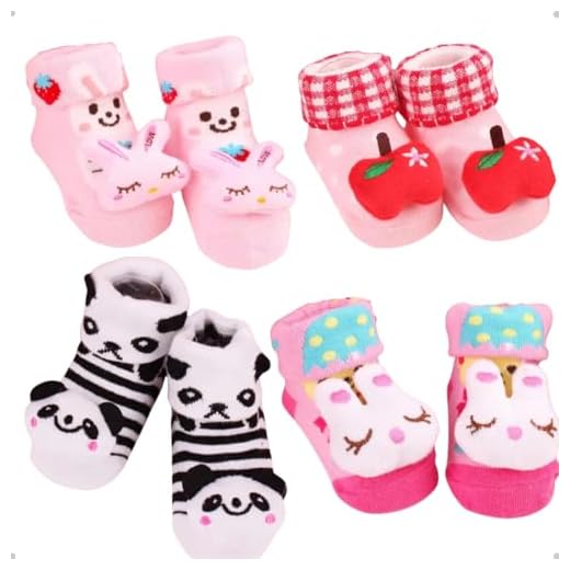 Kit 4 Pares Meias Bebê com Chocalho Pelúcia 3D Algodão Menino Menina Conforto Respirável 0 a 24 Meses Uso Diário (BR, Idade, 12 Meses, 24 Meses, Menina)