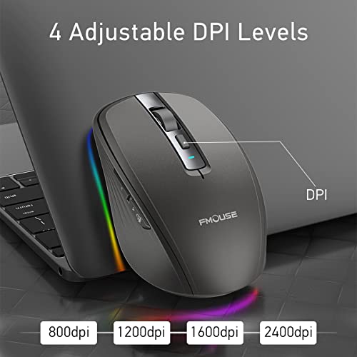 Fmouse Rechargeable Wireless Mouse, Silent Mouse With Rgb Lights, 2.4G Wireless & Bluetooth 5.1 Dual Mode 2400 Dpi Usb-C 700Mah Battery, Ergonomic Mouse For Pc, Computer, Laptop, Desktop (Black) #TOP4
