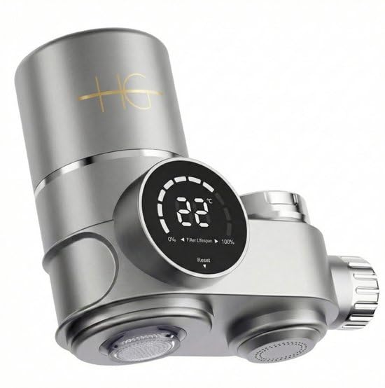 HG Filtre à eau pour robinet avec affichage LED – Système de filtration du robinet avec double mode d'eau – Système de filtration multicouche – 6 adaptateurs inclus – Gris/argenté