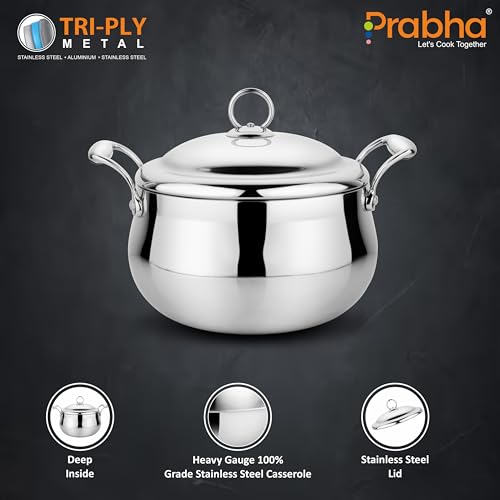 Image of Prabha Prima Belly Casserole with Lid | Roti Casserole Set 3700ML (20CM) | Casseroles Tri-Ply Layer | Hot Case /Hot Pot Food Grade | Serving Bowl Rice-Gravy-Curry /Hot Box | Induction Base & Gas Stove