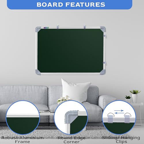 Image of Eduway 2x2 Feet Kunj Non-Magnetic Double-Sided Chalk Board & White Board (Combo Pack) with 1 Wooden Duster, 2 Chalk Holders, 10 Non-Dust Chalk Sticks for Kids, School, Teaching, (59x59 Cms) - Green