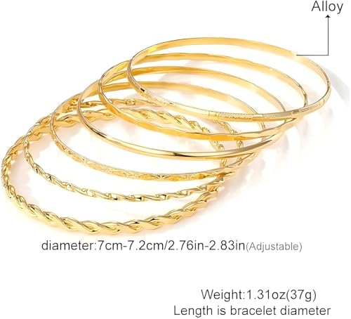 Gold Bangle Bracelet, 6 Pcs Gold Plated Dainty Layered Chain, 14K Layer Stackable Cuff Bracelet Set for Women (Gold)3