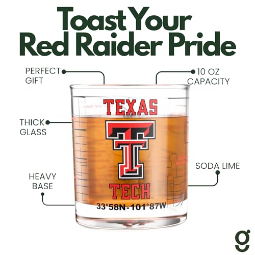 Image of Greenline Goods Texas Tech University Red Raiders Whiskey Glasses Set of 2, 10 oz Rocks Glasses with Full-Color Logo & Campus Map - Officially Licensed Bourbon Glass Gift for Alumni & Fans