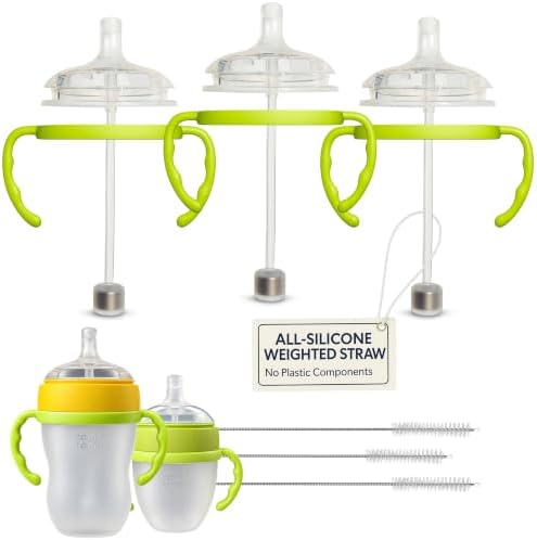 Straw Cup Conversion Kit for Comotomo Baby Bottles, Green Handles, 3-Pack