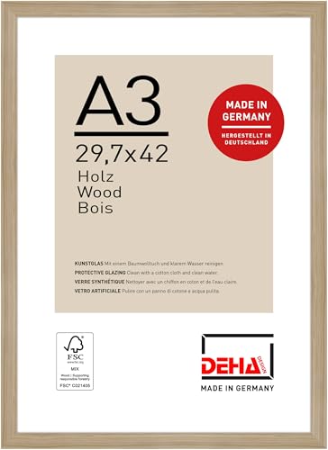 DEHA Design cadre photo, 29,7 x 42 cm (A3), bois, Chêne, cadre affichepour accrocherau format paysage et portrait, verre synthétique, Fontana