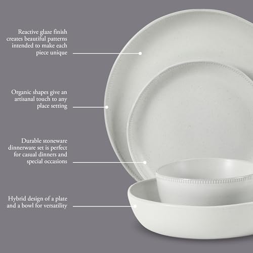 Image of Gibson Elite Menlo Park 16-Piece Pottery Clay Stoneware Dinnerware Set - White Reactive Glaze, Embossed Plates and Bowls W /Pasta Bowl, Service for 4 - Microwave & Dishwasher Safe